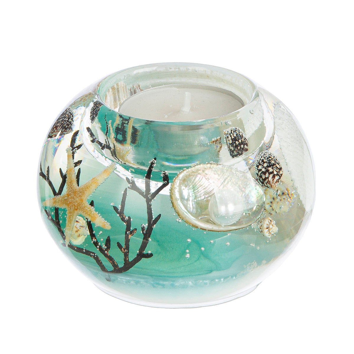 Theelichthouder - glas met ingegoten decoraties - 6x8cm