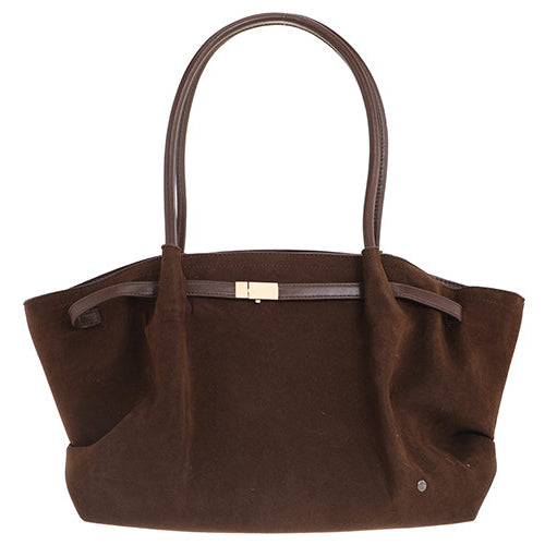 Bruine shopper Cambridge vegan suède look, voorkant met gouden slot – GlamourGift