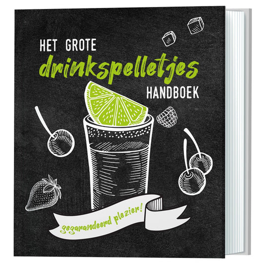 Het Grote Drinkspelletjes Handboek staand gepresenteerd, cover met cocktailglas en de tekst gegarandeerd plezier