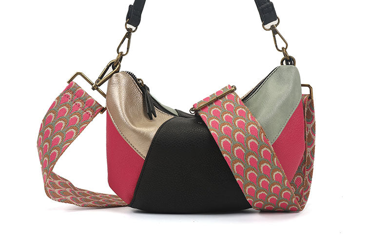 Roze crossbody tas Columbia kleurblok met geweven bag-strap, voorkant – GlamourGift