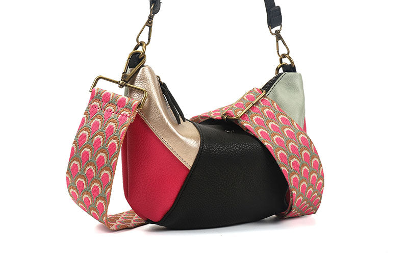 Roze crossbody tas Columbia zijaanzicht met ritssluiting en geweven band – GlamourGift