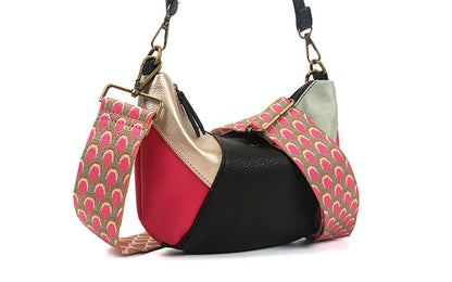 Roze crossbody tas Columbia zijaanzicht met ritssluiting en geweven band – GlamourGift